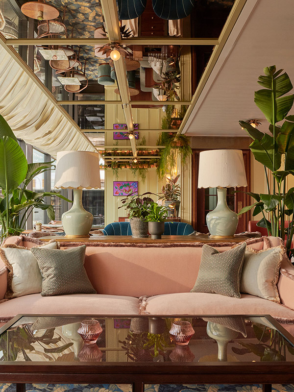 Couch and table in the rooftop terrace bar of Gleneagles Townhouse