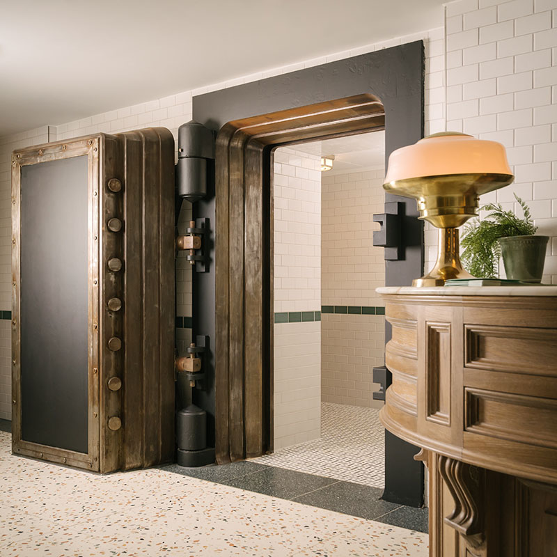 The entrace to The Strong Rooms at Gleneagles Townhouse is a large bank vault door