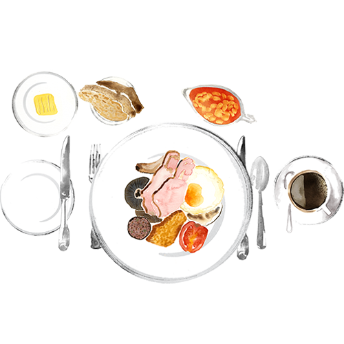 Une aquarelle représentant un petit-déjeuner écossais complet et une tasse de café noir.