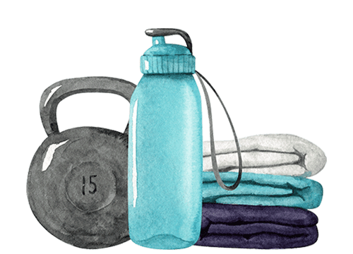 Watercolour image of a kettlebell, water bottle and towels