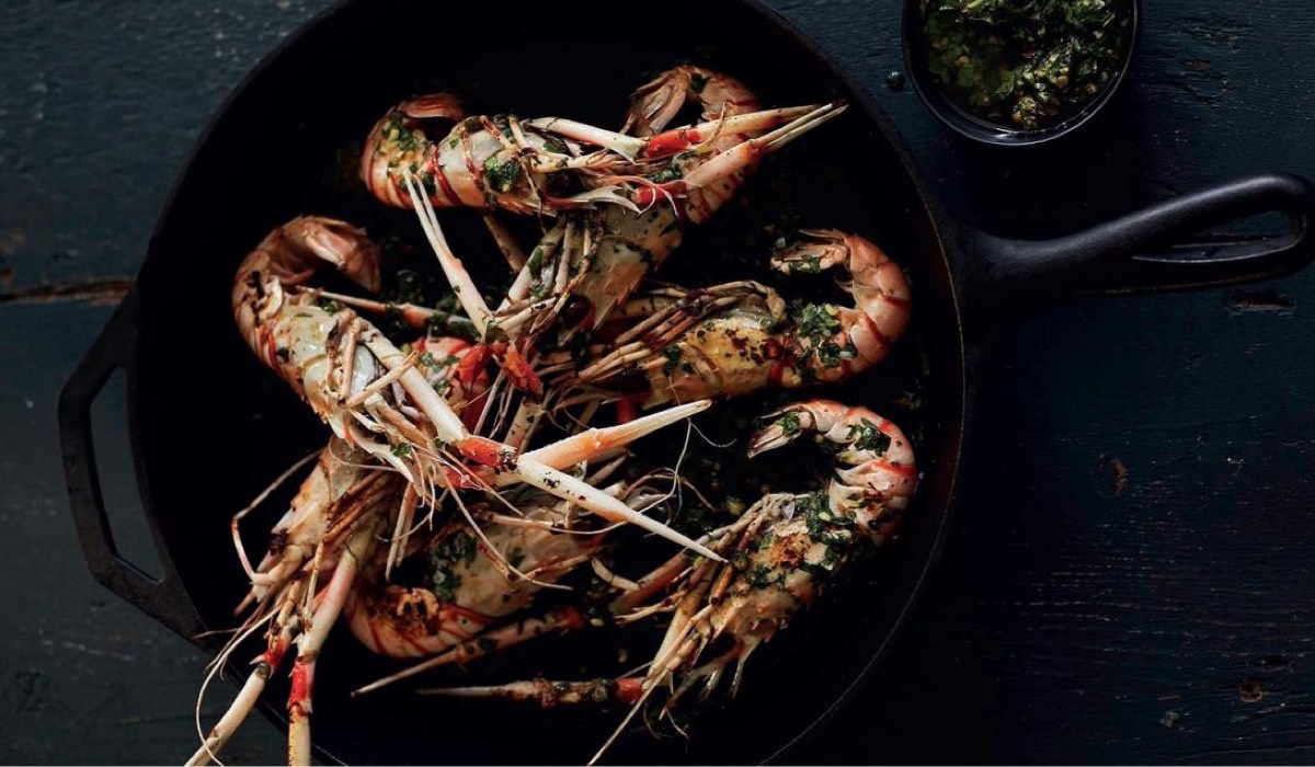 langoustine in a cast iron pan