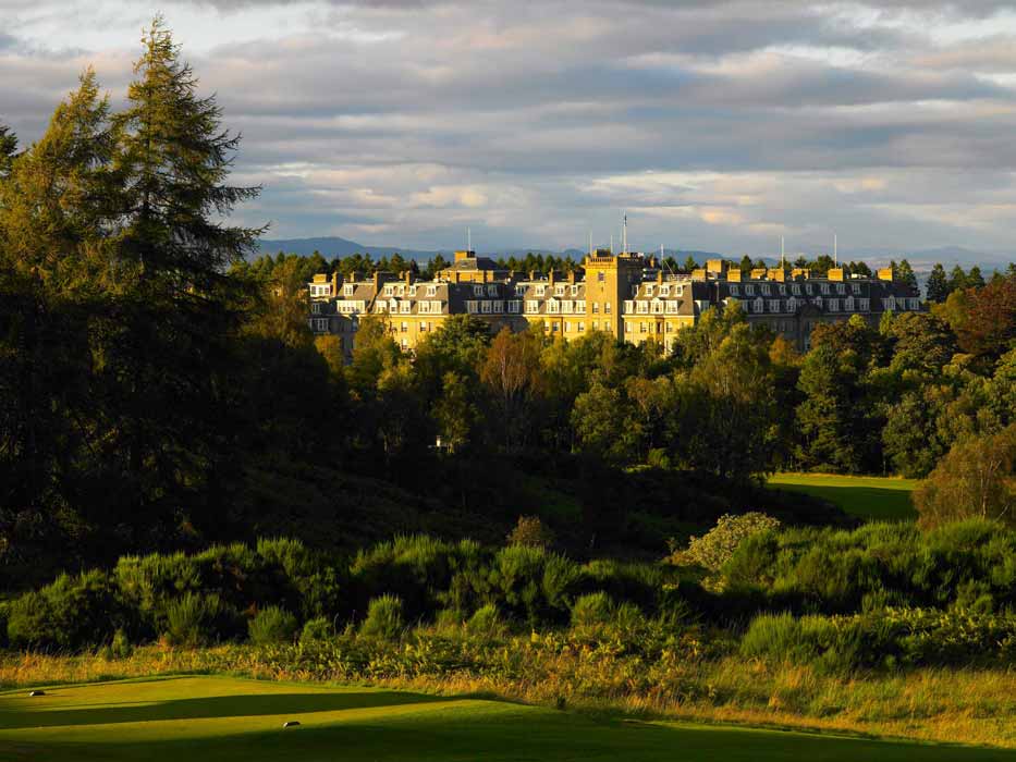 A view of the Gleneagles hotel at sunset