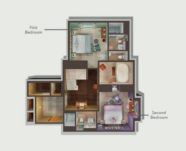 A floorpan of a two bedroom lodge