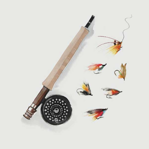 watercolour of a rod and reel