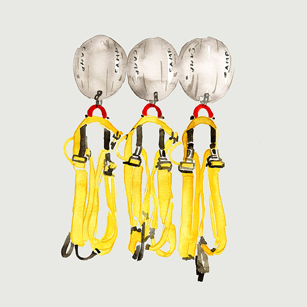 Watercolour image of climbing helmets and harnesses