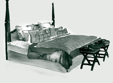 watercolour image of a bed