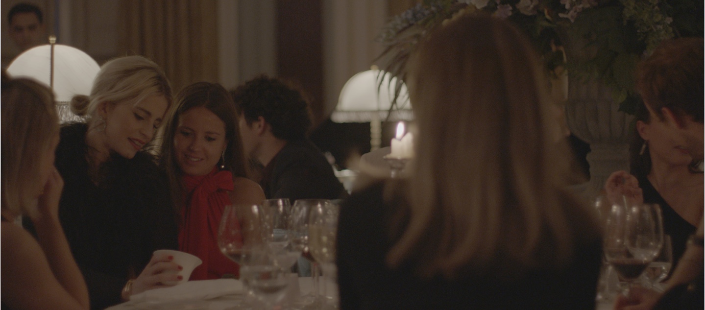 A group of ladies chat over drinks at a dinner party