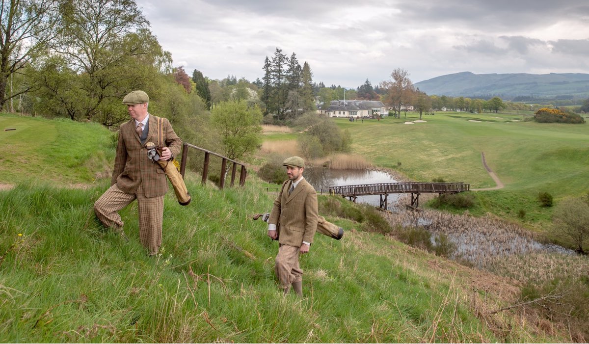 A replica of the above black and white photo with modern day Gleneagles staff dressed in vintage golf attire