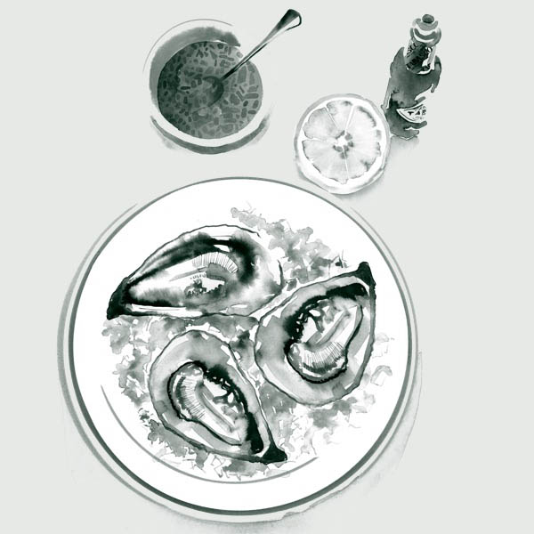 watercolour of oysters on a plate