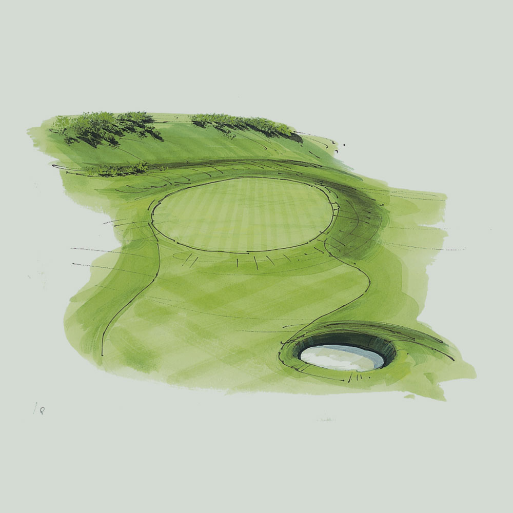 An illustration of the 1st hole of the queen's course at Gleneagles