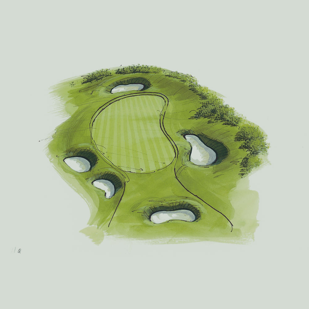 An illustration of the 11th hole of the queen's course at Gleneagles