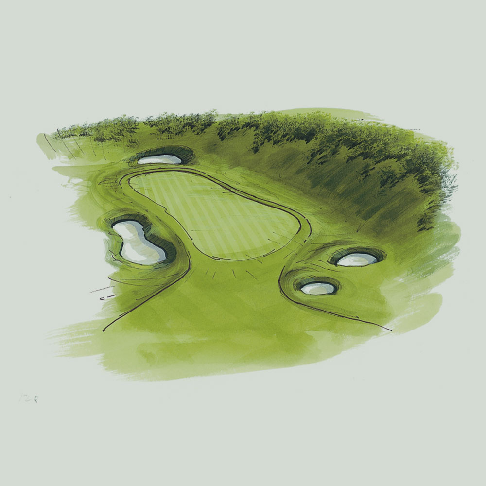 An illustration of the 12th hole of the queen's course at Gleneagles