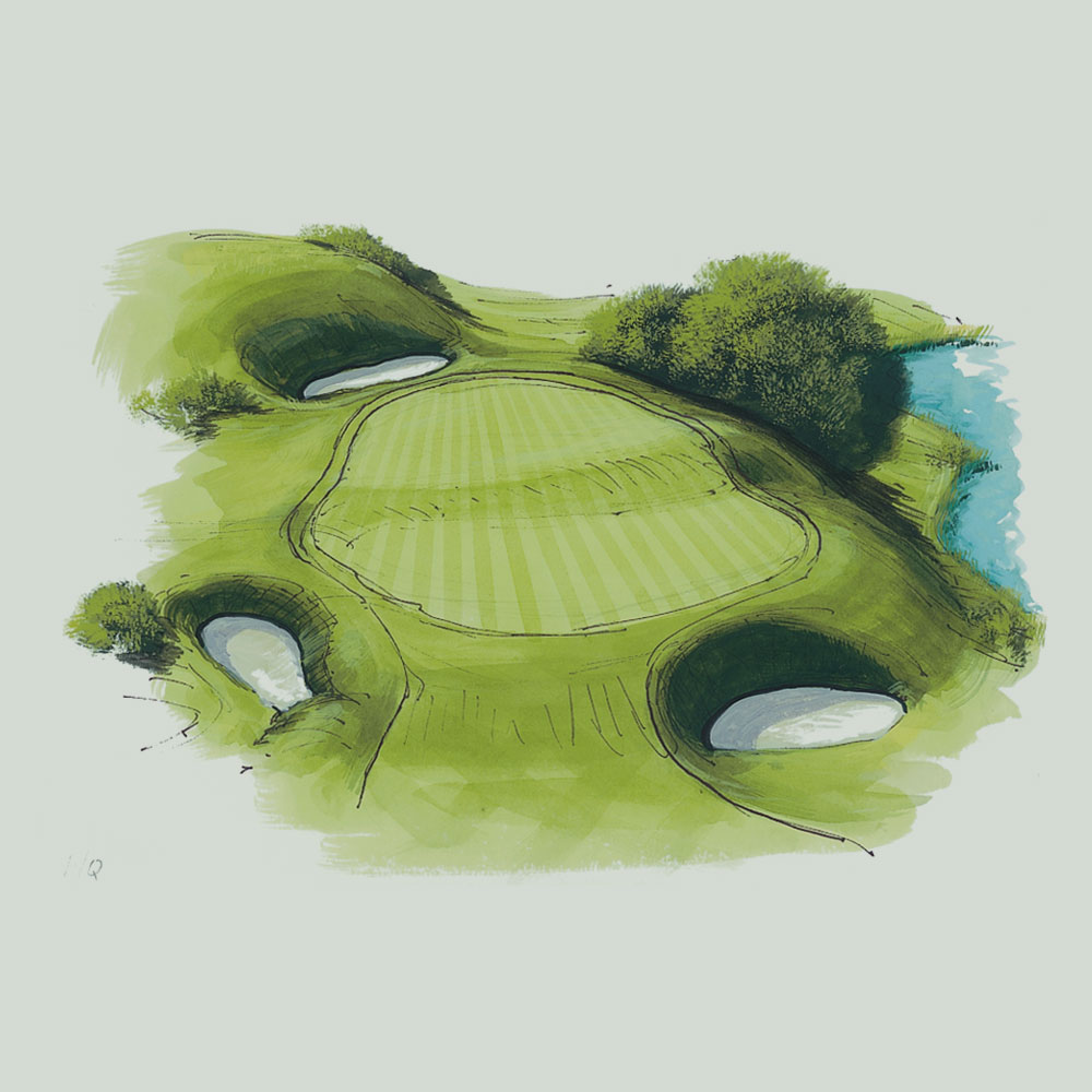 An illustration of the 14th hole of the queen's course at Gleneagles