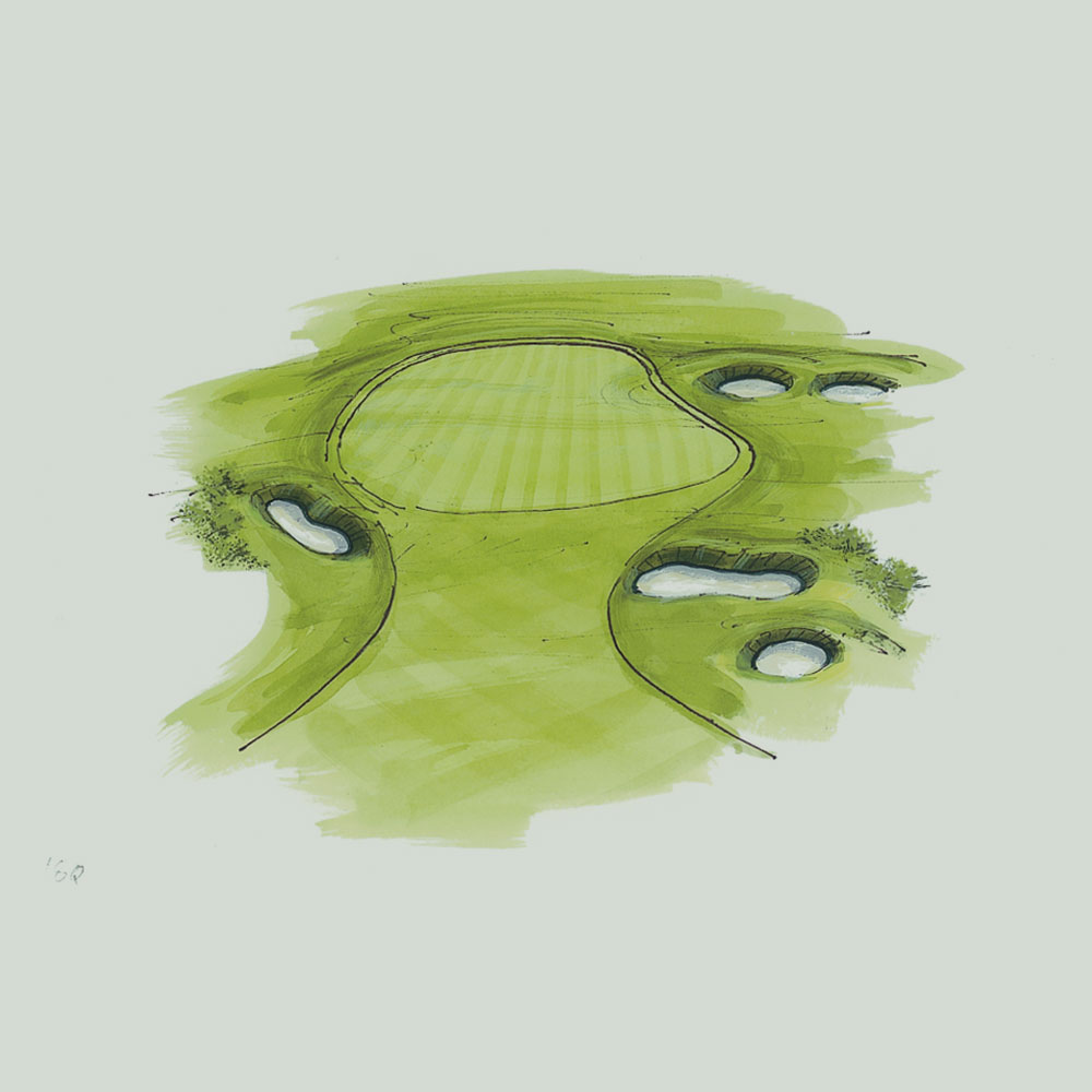 An illustration of the 18th hole of the queen's course at Gleneagles