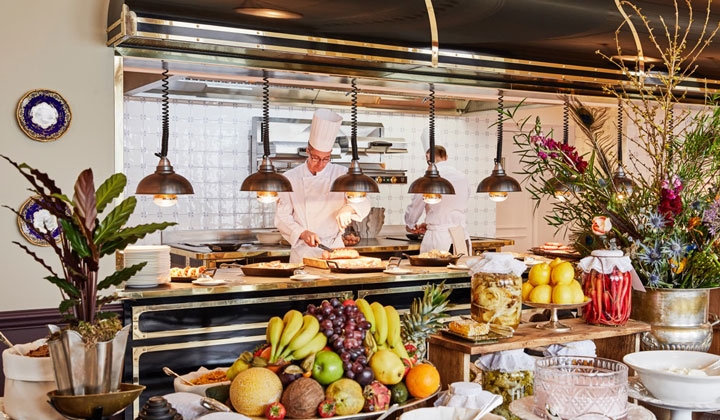 The Strathearn kitchen with a large selection of fruit laid out for breakfast