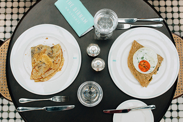 Crepes and gullets plated on a table in the Birnam Brasserie