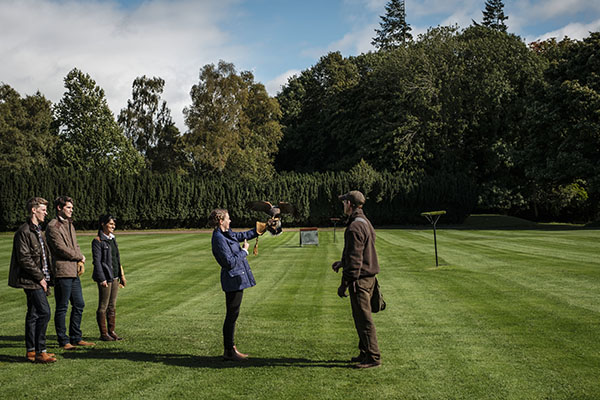 A group receiving a falconry lesson