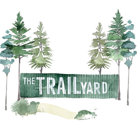 A watercolour of the trail yard and trees