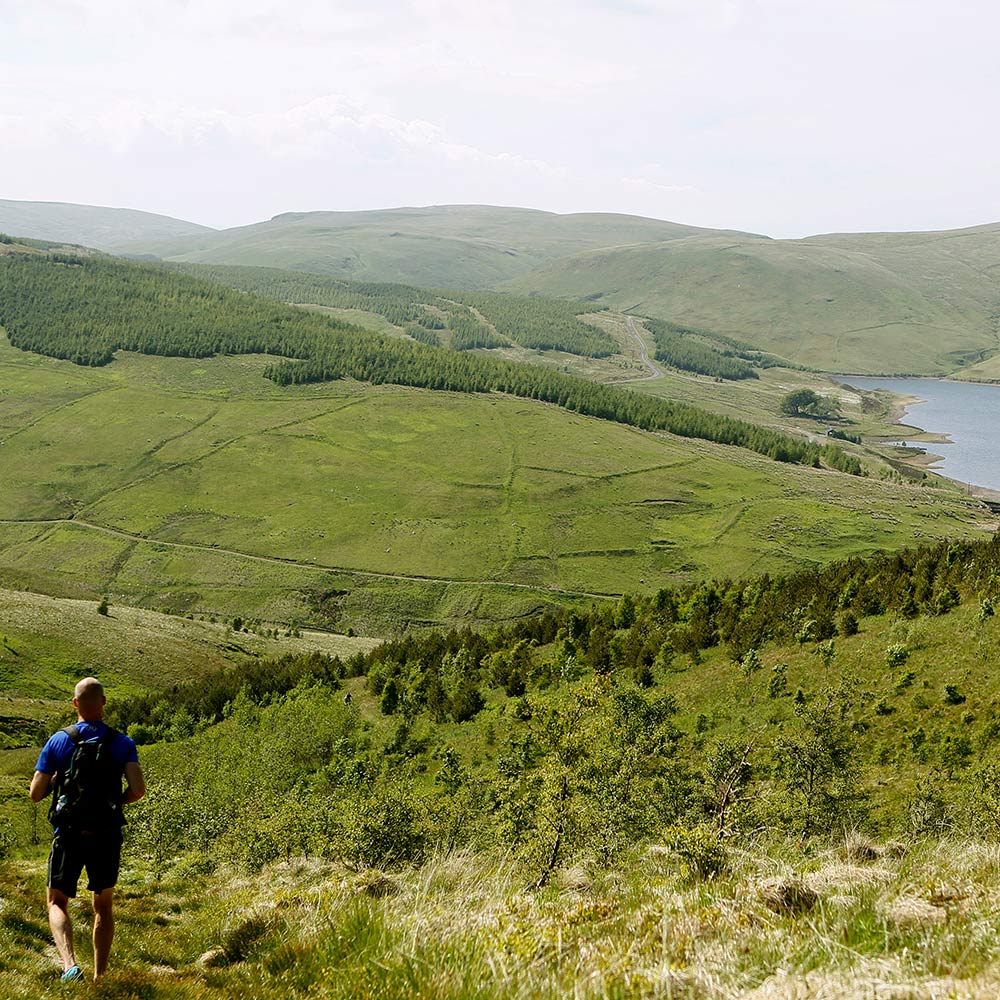 A man looks down a valley near Gleneagles
