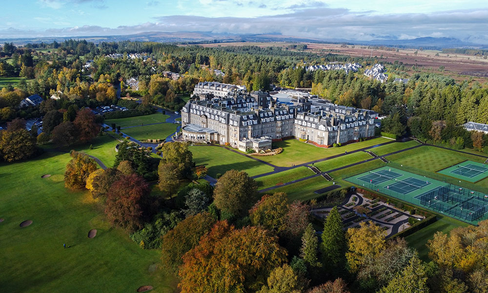 Drone shot of Gleneagles hotel and grounds