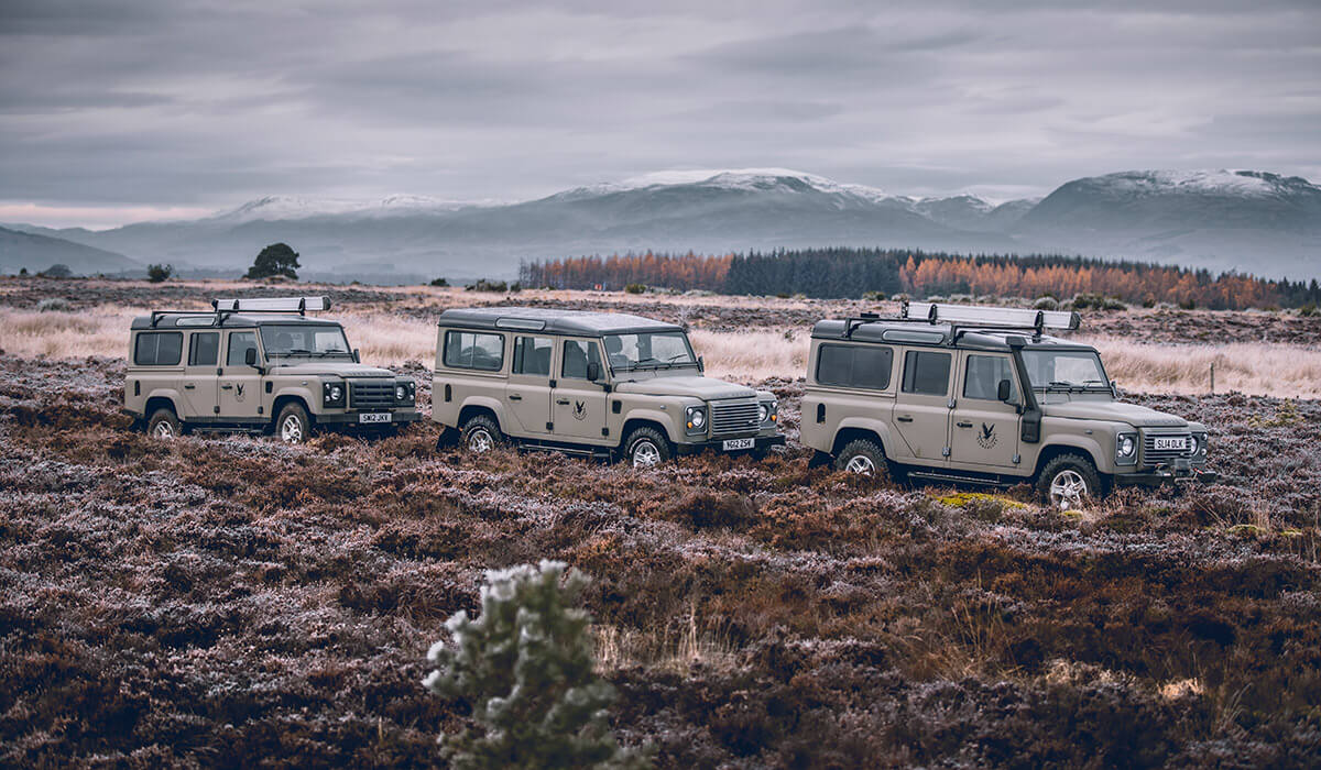 Three Defenders in frosty conditions in the Perthshire coutryside