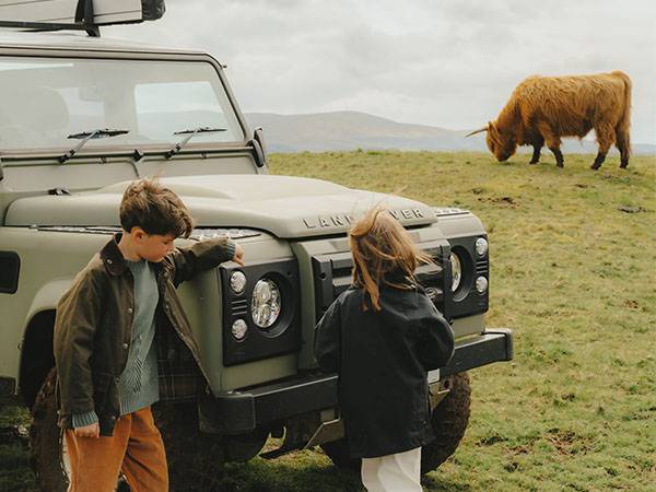 Children lean on Land Rover Defender, looking at Highland Cow whilst on Highland Safari.